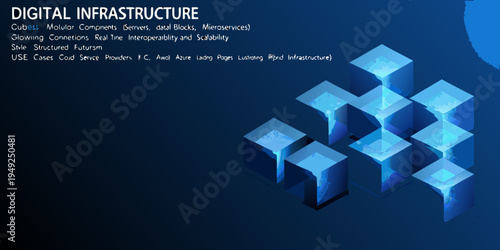 Abstract digital infrastructure concept featuring glowing blue cuboid components
