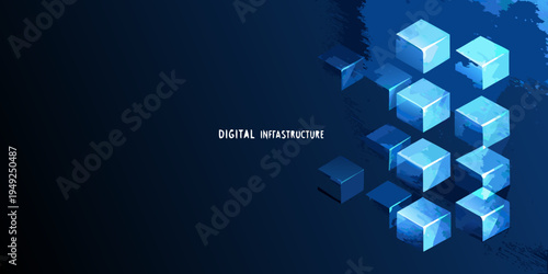 Abstract digital infrastructure concept with glowing blue cube arrangement