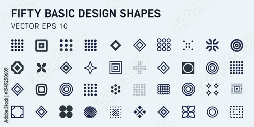 Collection of fifty basic geometric design shapes in dark blue tones