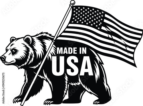 American grizzly bear silhouette with usa flag and made in usa text black and white vector illustration for product label manufacturing symbol design art