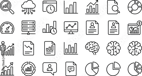 Analytics and data visualization outline icon set with charts, reports, dashboard, statistics, business growth, cloud and AI symbols