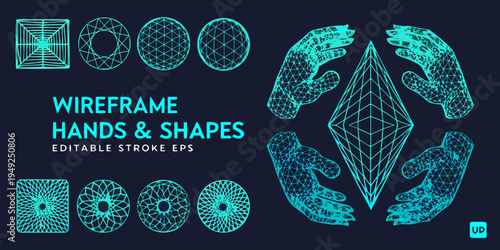 Wireframe hands and geometric shapes in a teal digital design