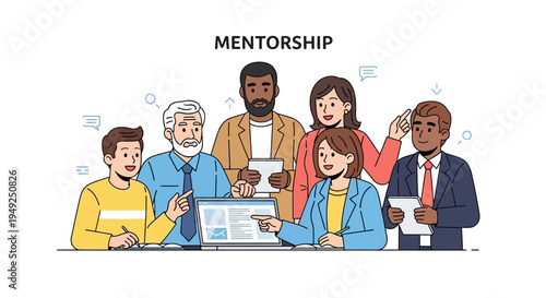 Diverse group of people engaged in mentorship and teamwork discussion