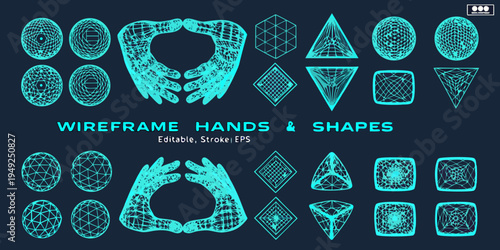 Geometric wireframe hands and various polygonal shapes displayed in cyan