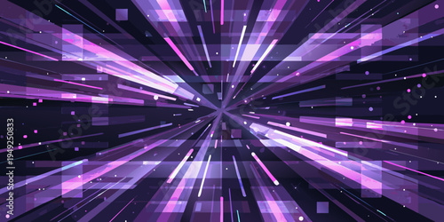 Abstract explosion of vibrant purple and white geometric shapes on black
