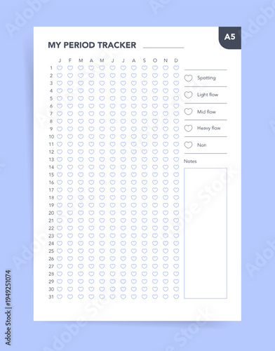 Cute Period Tracker Template, Printable A5 Menstrual Cycle Chart with Heart Icons and Notes
