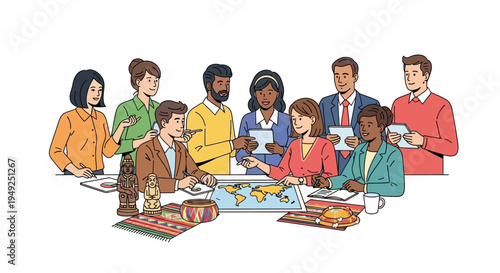 Diverse group of people planning a trip around a table with a world map