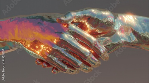 Metallic hands clasping in a handshake, reflecting vibrant iridescent colors on a glossy, futuristic surface.