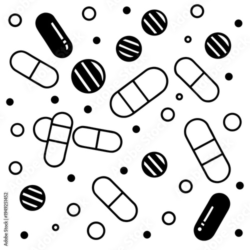 Seamless pattern of colorful medicine pills and capsules on white background
