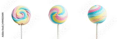 Photos Set of colorful swirl lollipops round candy collection transparent background pn