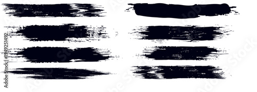 Set of Black Grunge Brush Strokes, Hand-Drawn Ink Textures, Distressed Paint Edges for Graphic Design Elements and Banners.