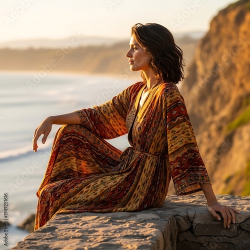 Woman in Kimono Contemplating Ocean View at Sunset.