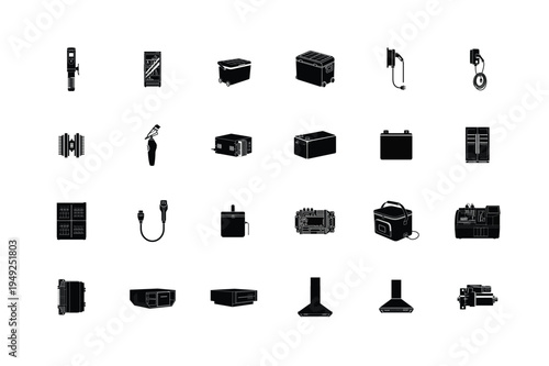 Domestic Appliance and Food Preservation Silhouettes Featuring Refrigerator Air Fryer Milk Frother Electric Kettle Coffee Grinder and Digital Thermometer