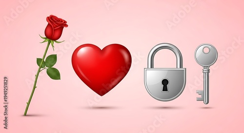 Loves Lock - Rose, Heart, Padlock, and Key Symbolizing Affection.