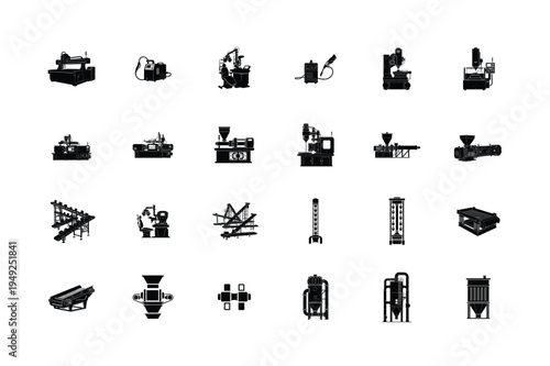 Data Center Infrastructure and Specialized Medical Equipment Silhouettes Featuring High Density Server Racks, Modular Data Containers, Neonatal Incubator Units, Satellite Dishes, Radio a