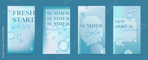New Arrival Summer Sale Vertical Banner Set. Blue Gradient Background and Underwater bubbles and Pure Blue Water.

