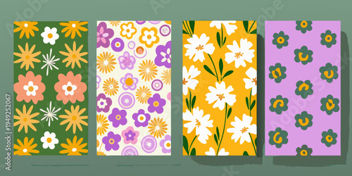 Four vibrant vertically oriented floral patterned panels with retro style