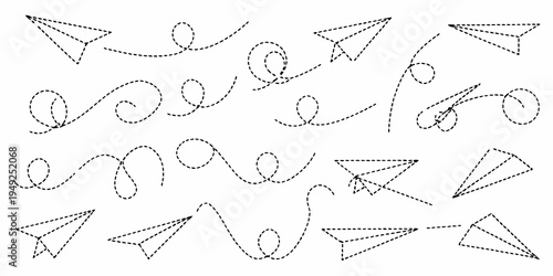 Collection of hand drawn paper airplanes and swirling doodle lines