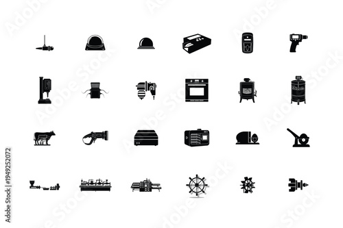 Future Mobility and Sustainable Energy Charging Equipment Set Featuring Ev Charger Electric Bike Hoverboard Unicycle and Medical Lab Device Silhouettes