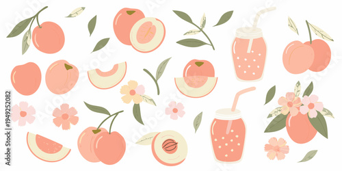 Stylized illustration of peaches peach slices and peach flavored drinks