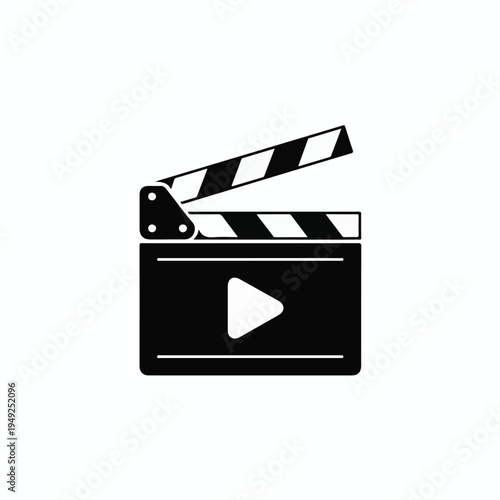 Black clapperboard with play button icon on white background movie clapper film clapper