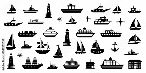 Collection of various black silhouette ships boats and nautical elements