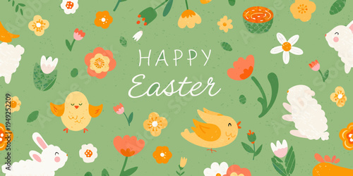 A cheerful easter illustration with bunnies chicks and colorful flowers
