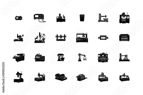 Heavy Duty Mechanical Engineering Icons Including Industrial Boiler Furnace Welding Generator Water Heater Air Conditioning Unit and Radiator Silhouettes