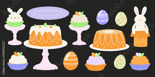 Colorful easter treats including cakes cupcakes and decorated eggs