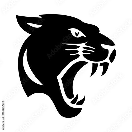 Logotipo con dibujo sencillo de la cabeza de una pantera enojada vista de perfil, con la boca abierta enseñando los colmillos 