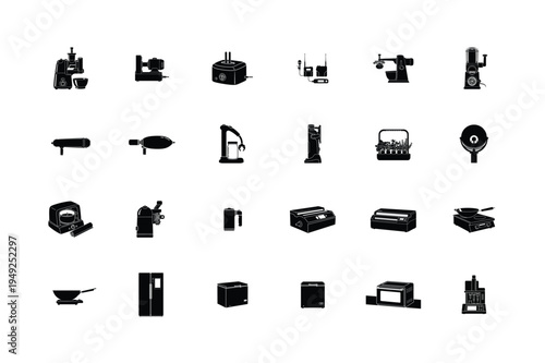 Hardware Repair and Metering Device Icons Featuring Soldering Iron Network Switch Water Meter Roller Brush Guitar Amplifier and Smart Digital Sensors