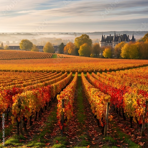 Autumn Vineyard Landscape with Chateau in the Distance, France.