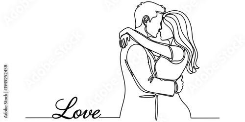 Continuous One Line Drawing of Romantic Couple Embracing with Love Text