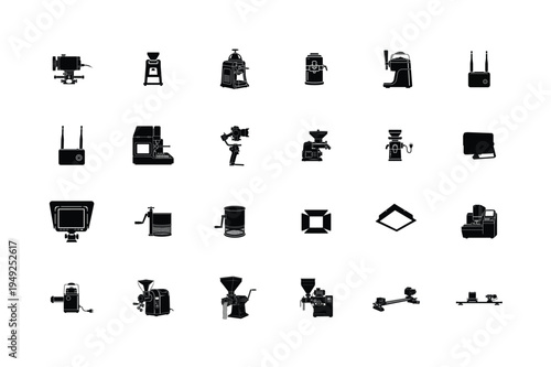 Home Security Surveillance and Appliance Silhouettes Set with Cctv Camera Solar Panel Portable Ac Wall Fan Pedestal Fan and Kitchen Mixer Icons