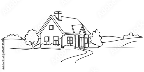 Continuous One Line Drawing of House with Garden and Trees