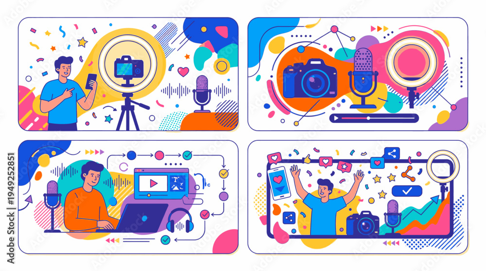 Fototapeta premium Vloggers Create Content with Cameras and Microphones for Online Broadcasting