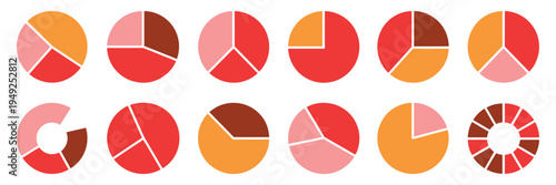 Pie chart color icons, circle section graph with wheel round diagram parts, colorful pie charts data visualization for business analytics, infographic design, statistics presentation and dashboard 