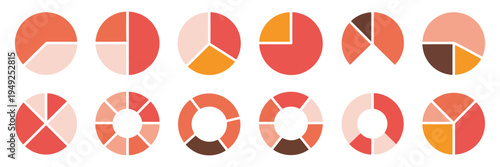 Pie chart color icons, circle section graph wheel round diagram parts, pie charts data infographic and chart visualization for business analytics, statistics reports and modern dashboard design.