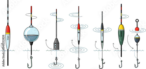 Fishing Float and Bobber Set with Hooks and Water Ripples Vector Illustration Collection for Angling Equipment, Fishing Gear Icons and Outdoor Sport Designs
