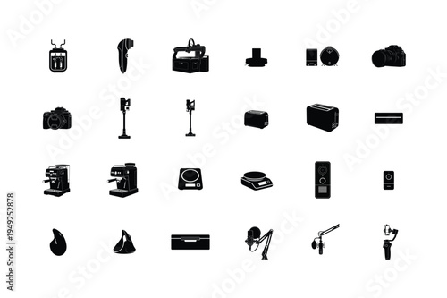 Industrial Automation and Factory Production Line Icons Featuring Cnc Router Plastic Injection Molding Machine Conveyor Belt Silo and Grain Elevator