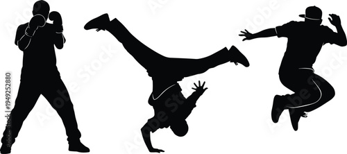 Set of three black street dancer silhouettes, hip hop performance, breakdancing and dynamic urban moves, isolated on white background, vector