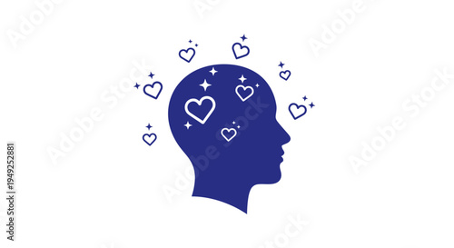 Blue silhouette of a head with hearts.
