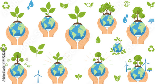 Hands Holding Earth with Green Plants and Trees Eco Friendly Environment Protection Icon Set for Sustainability, Renewable Energy, Recycling and Global Conservation Vector Design