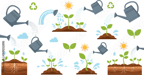 Plant Watering and Seedling Growth Process Vector Illustration Set with Watering Can, Soil Layers, Sprouting Plants and Sunlight for Gardening, Agriculture and Eco Education
