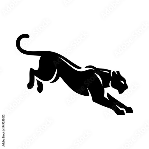 Logotipo con dibujo sencillo de una pantera saltando, vista de perfil 