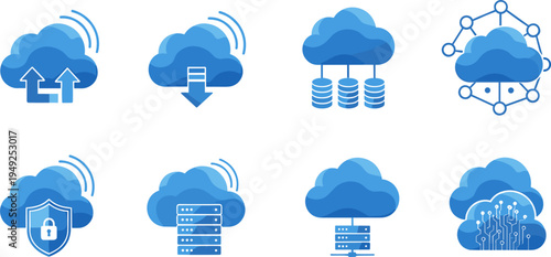 Cloud Computing Technology Icon Set with Upload, Download, Data Storage, Security Shield, Server Database and Network Connection Symbols for Web, Apps and Digital Infrastructure
