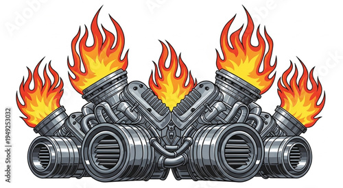 Fiery Pistons - A Bold Automotive Design with Flames.