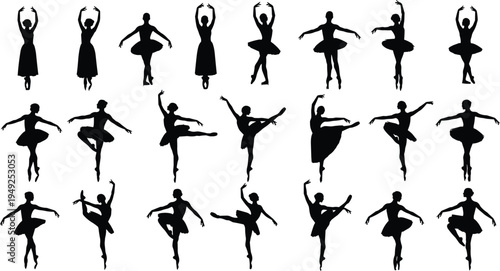 Set of graceful ballerina silhouettes in various classical ballet poses and dance movements isolated on white background for vector design elements