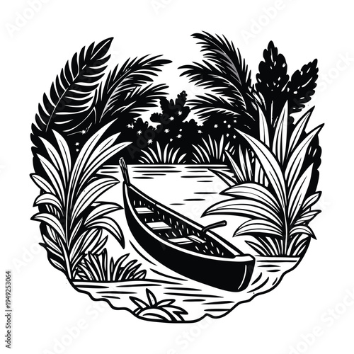 Black and white vector illustration of a canoe in tropical plants