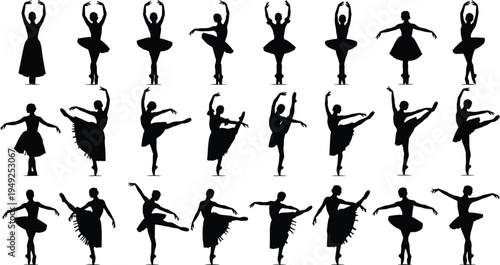 Set of graceful ballerina silhouettes in various classical dance poses and elegant ballet movements isolated on white background for design projects